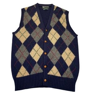 Vintage Cricket Shetland Wool Argyle Sweater Vest Navy Blue Mens L Hong Kong 80s